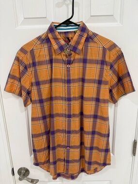 Robert Graham Orange and Purple Plaid Short-Sleeve Button-Down Shirt